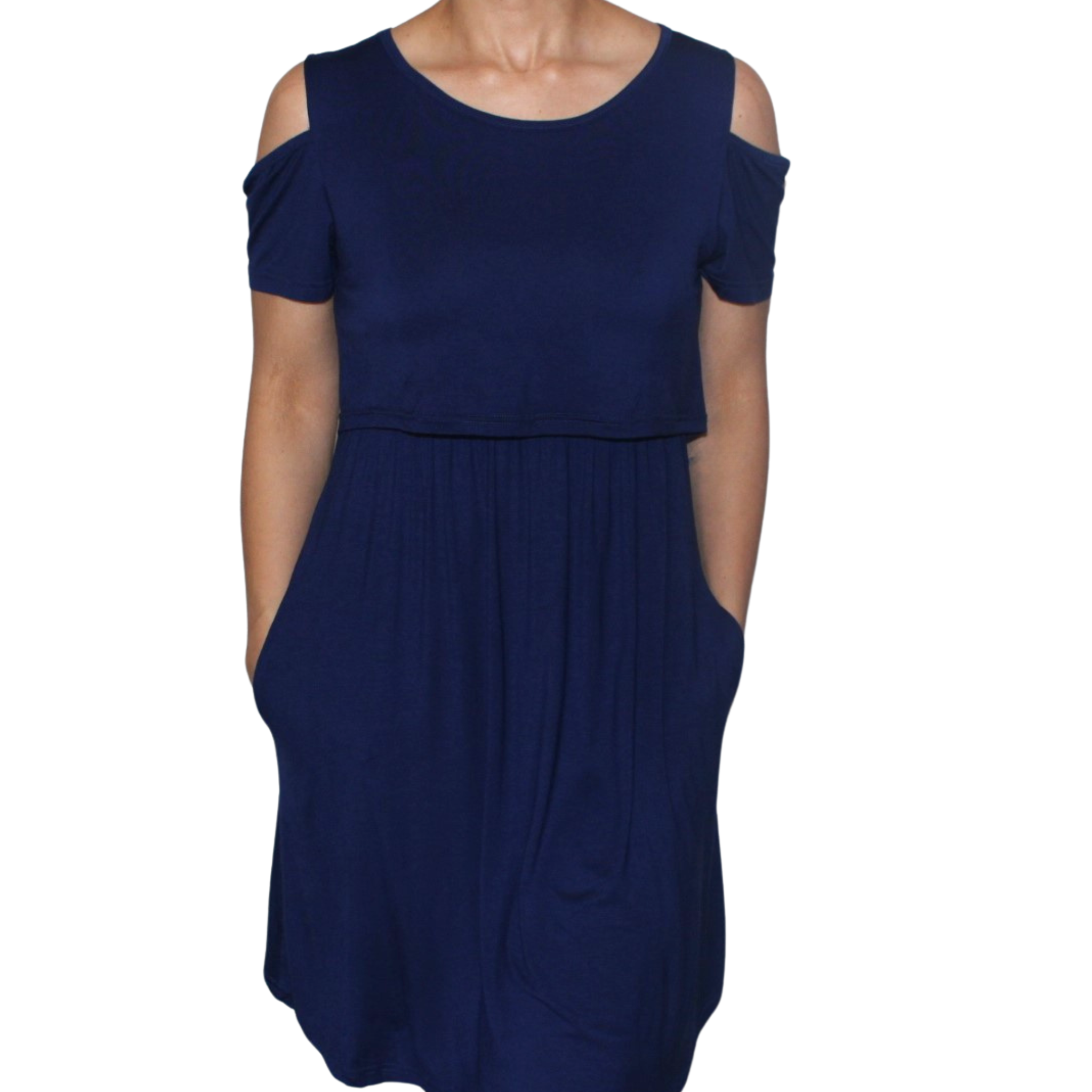 Navy Off-Shoulder Midi Nursing Dress
