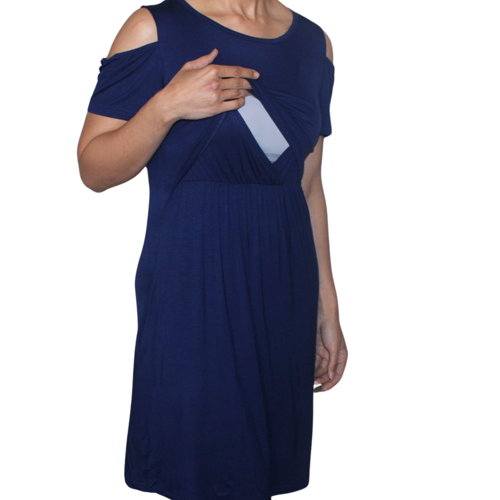 Navy Off-Shoulder Midi Nursing Dress