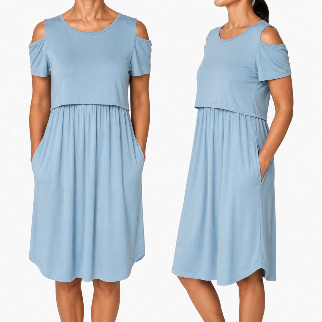 Sky Blue Off-Shoulder Midi Nursing Dress